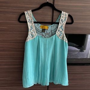 Nicole Miller Turquoise Blue Silk Gold beaded Top